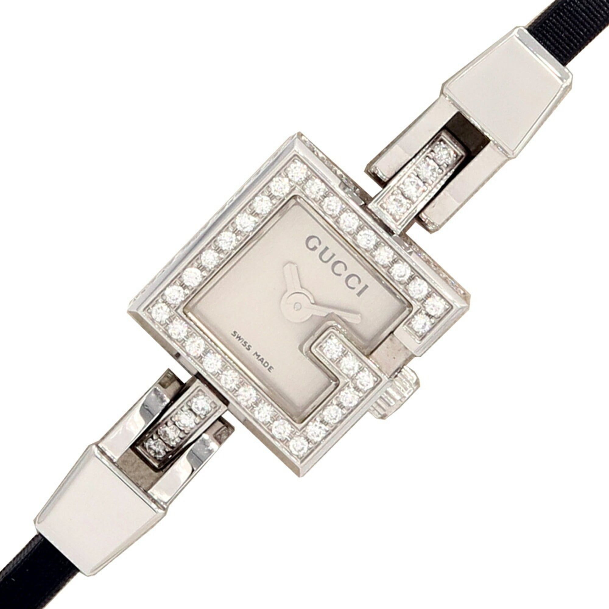 Gucci Women's G Mini Diamond Bezel Watch, 102, Silver Dial, Stainless Steel, Leather, Quartz, Batter
