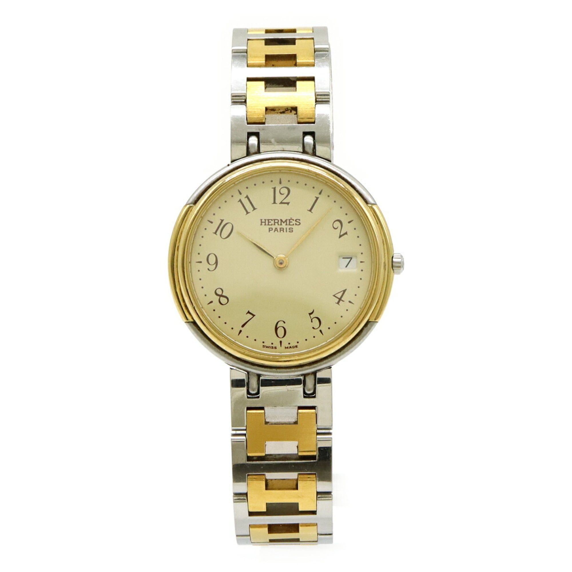 HERMES Windsor Date Ivory Dial Two-Tone GP Stainless Steel Men's Quartz Watch