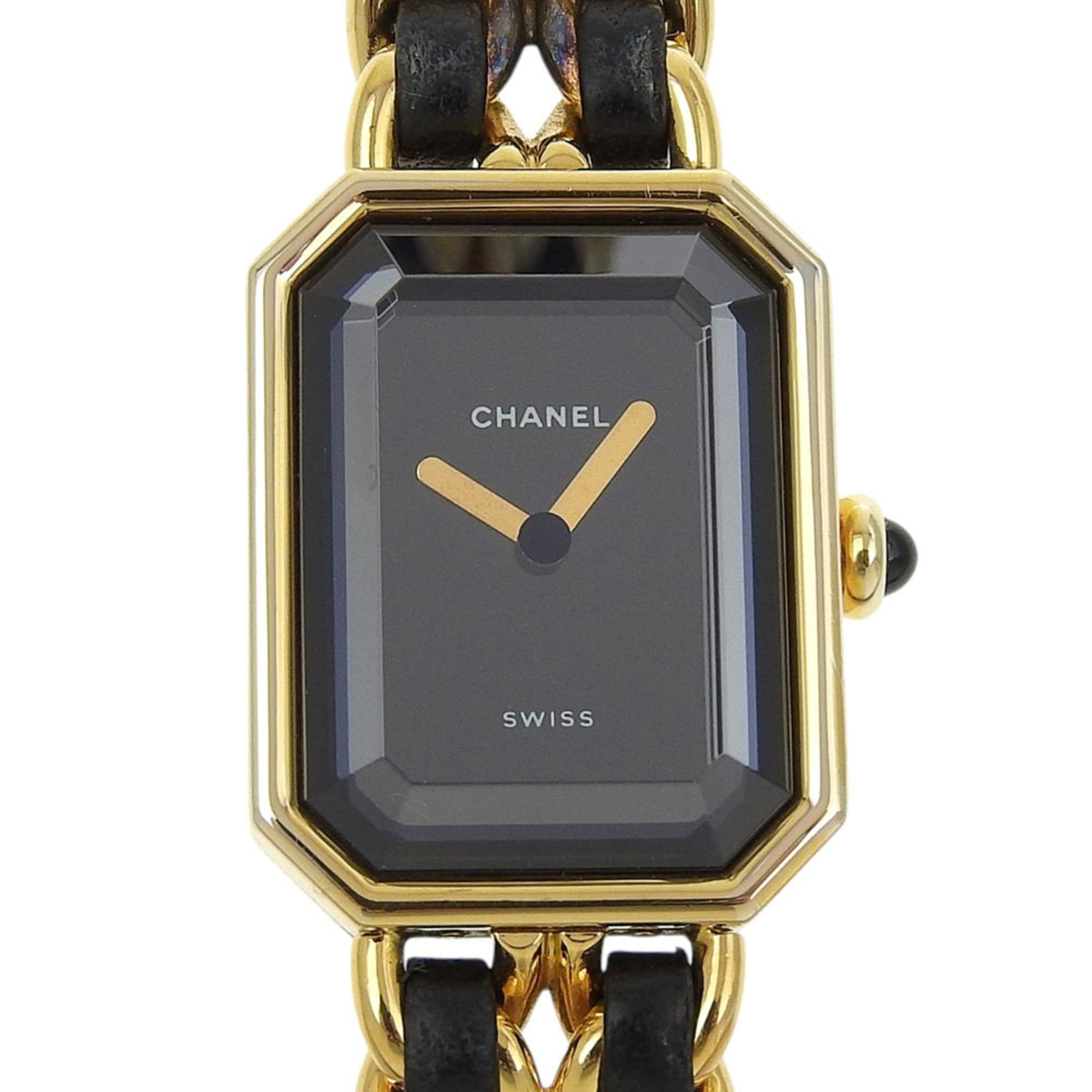 CHANEL Premiere S Watch H0001, Gold-Plated Leather Quartz Movement, Analog Display, Black Dial, Wome
