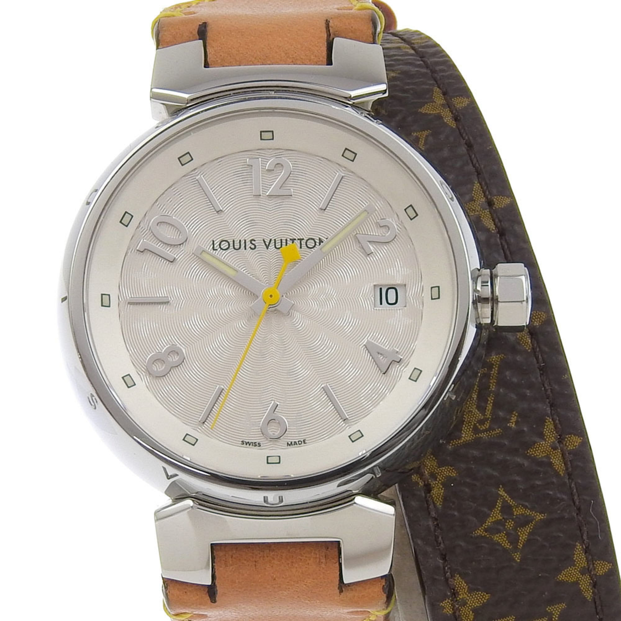Louis Vuitton Tambour Watch Q1313 Stainless Steel x Monogram Canvas Quartz Analog Display White Dial