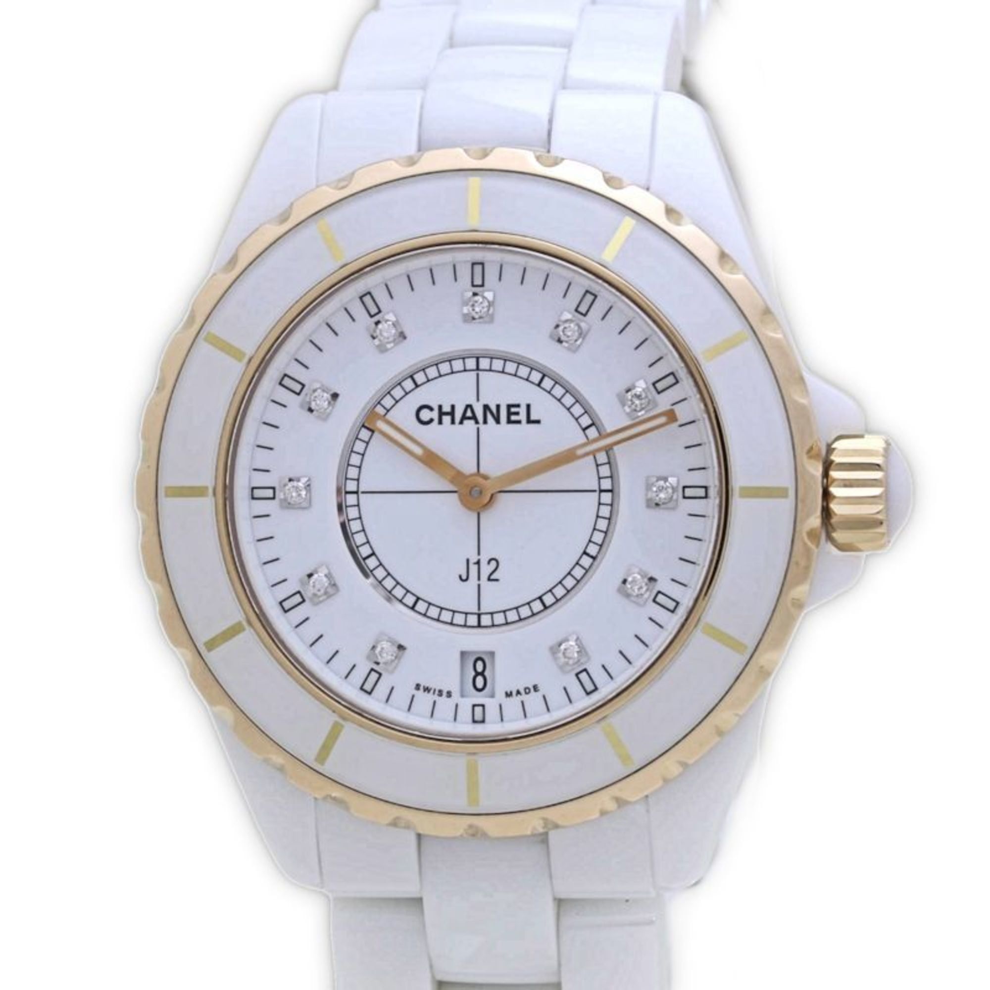 CHANEL J12 White Ceramic Watch with 11 Diamonds and a PG Bezel (H2180) - Men's Watch, 18K Gold (4018