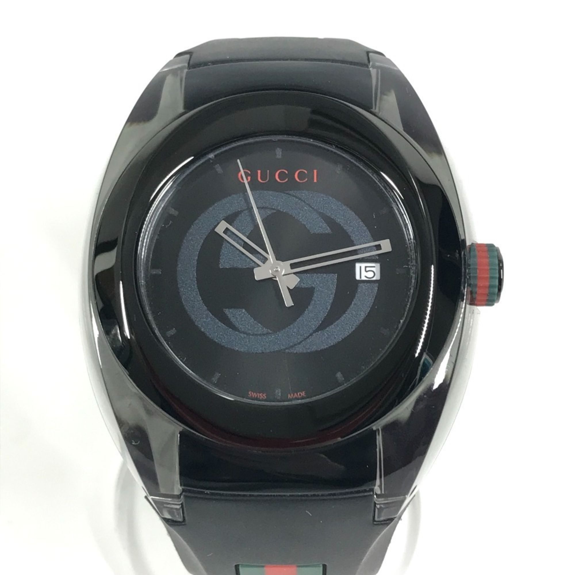 GUCCI YA137107A Skeleton SYNC Logo Sherry Line GG Men's Watch, Rubber Stainless Steel, Black, for Me
