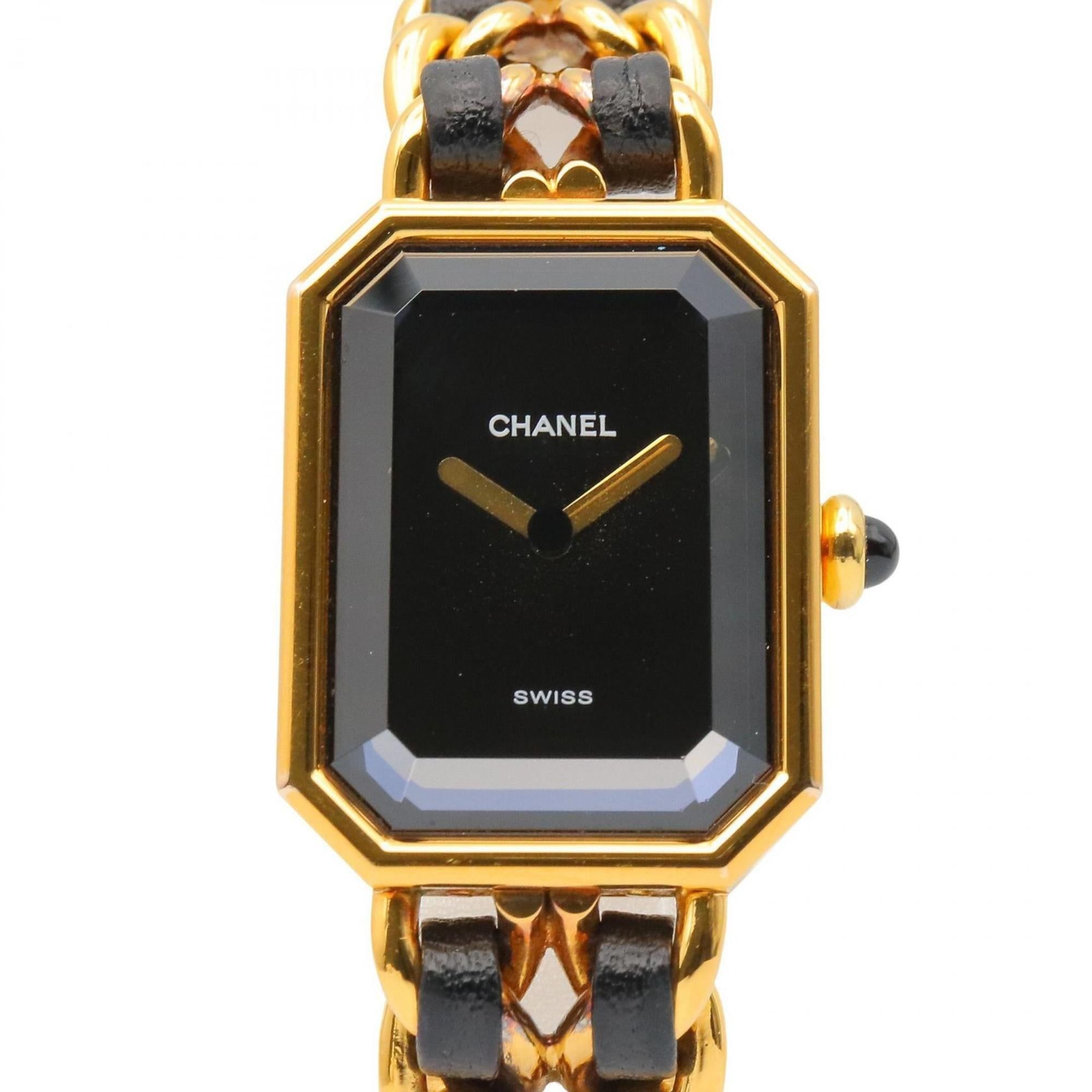 CHANEL Premiere M Watch, Gold-Plated, with Leather Strap, Black, Women's, H0001