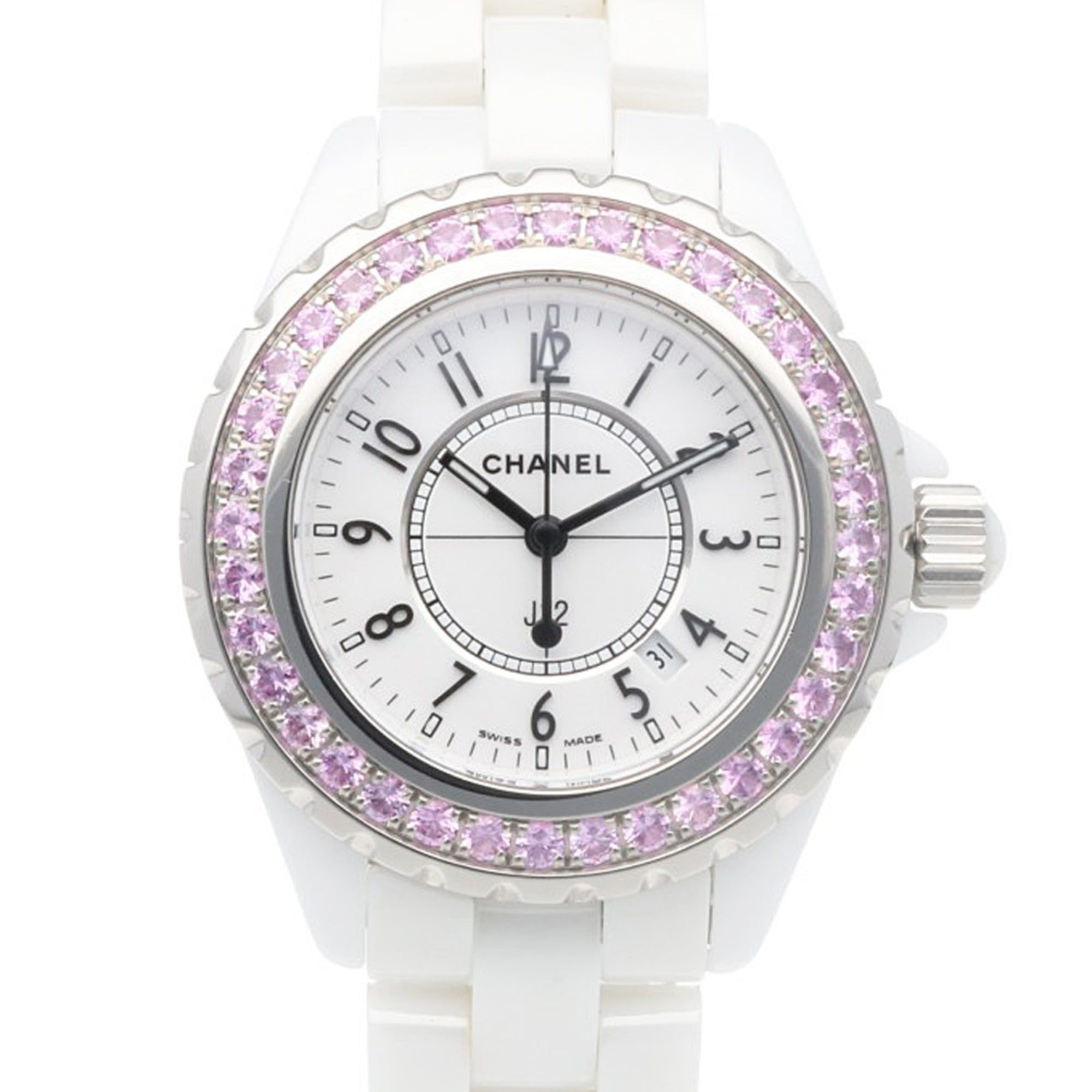 Chanel J12 Watch, White Ceramic H1181 Quartz, Women's, Pink Sapphire Bezel