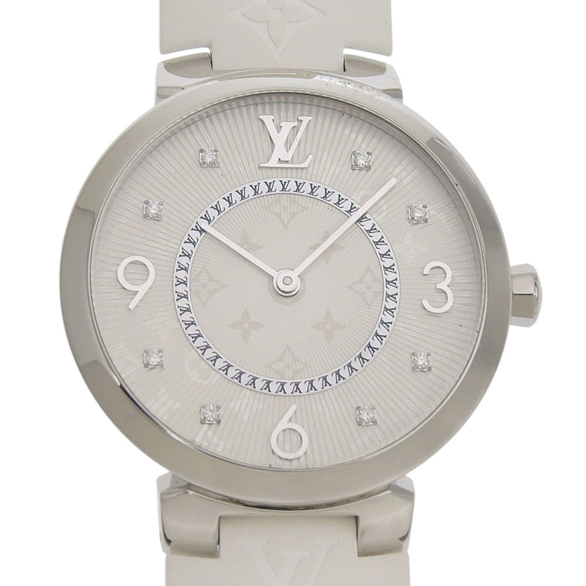 Like new Louis Vuitton Tambour MM Q13MJ white dial watch with 8 diamonds, stainless steel and rubber