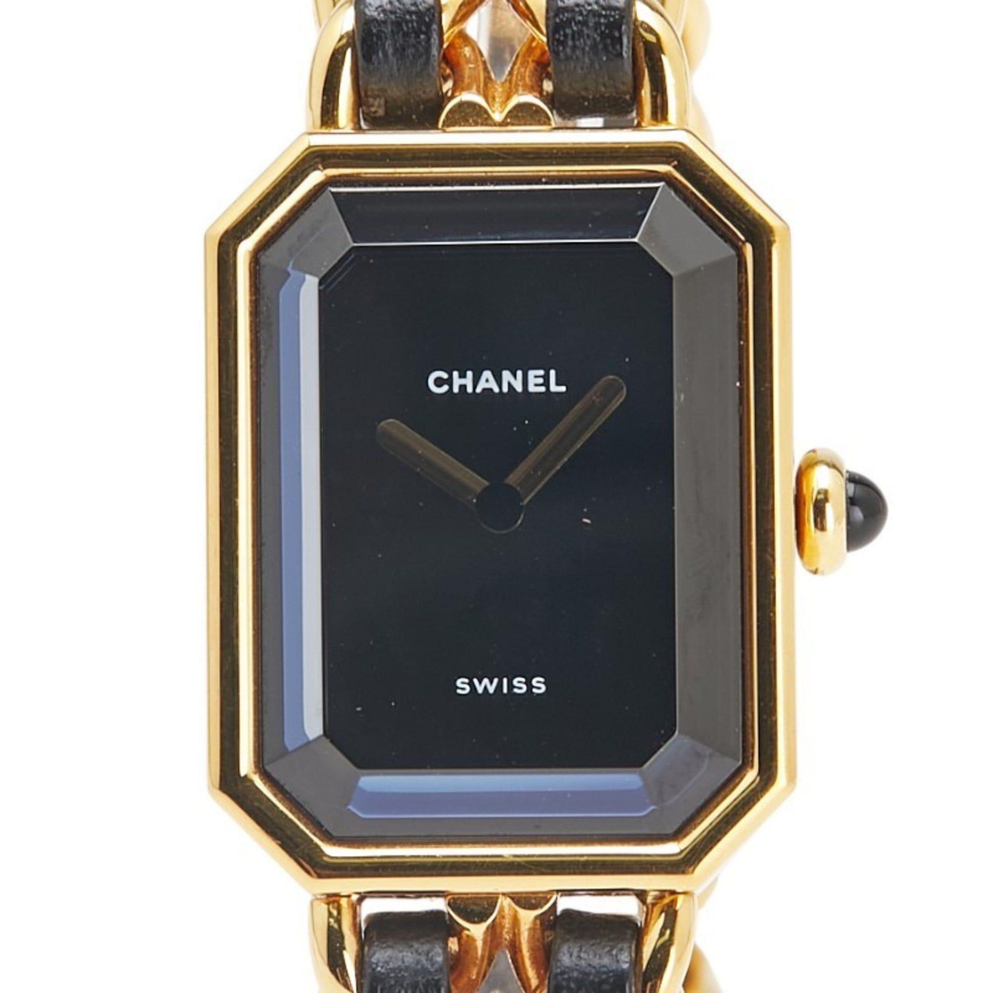 CHANEL Premiere M Quartz Watch with Black Dial and Plated Leather Strap for Women