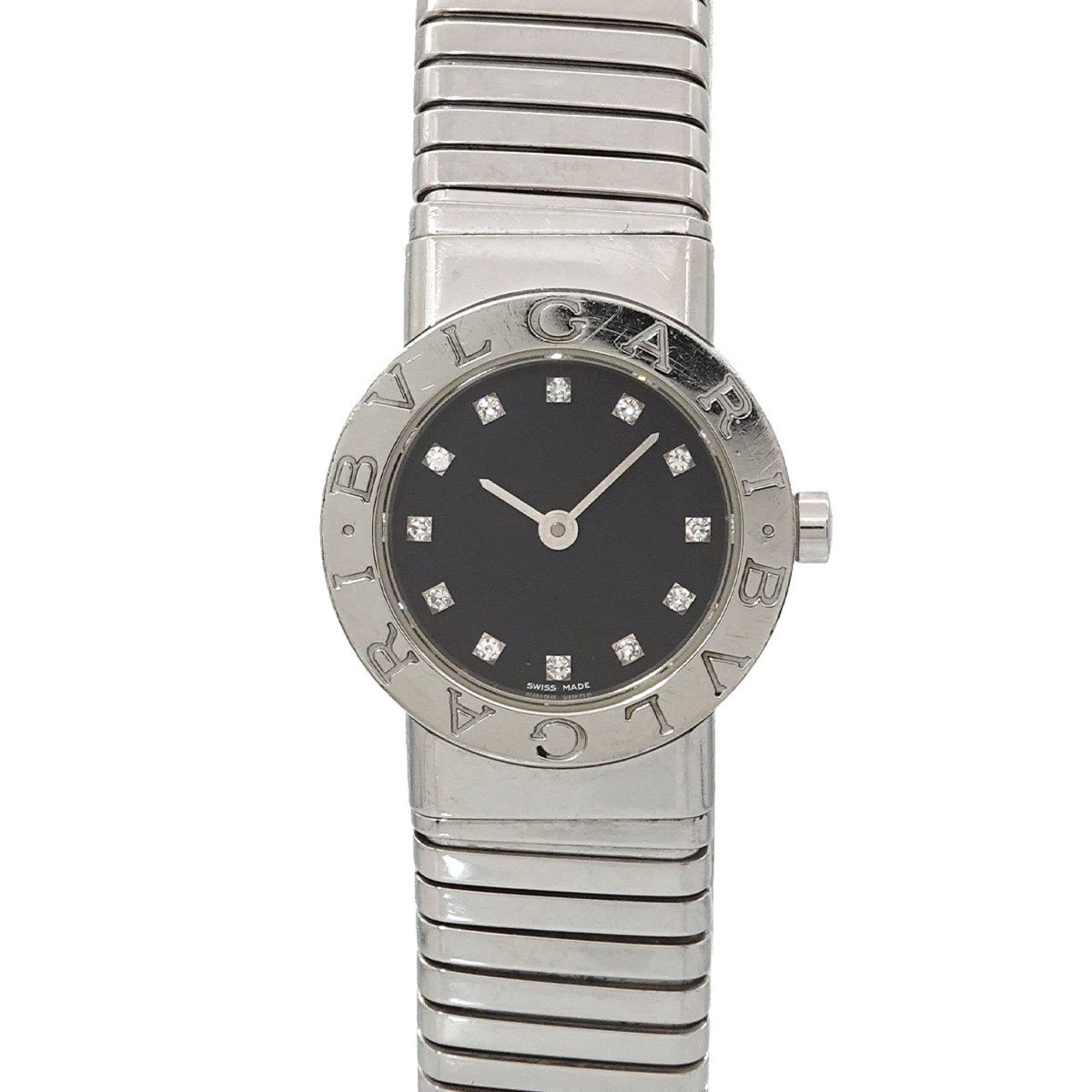 BVLGARI Tubogas BB232TS Women's Watch with 12 Diamonds, Date Display, Black Quartz Movement