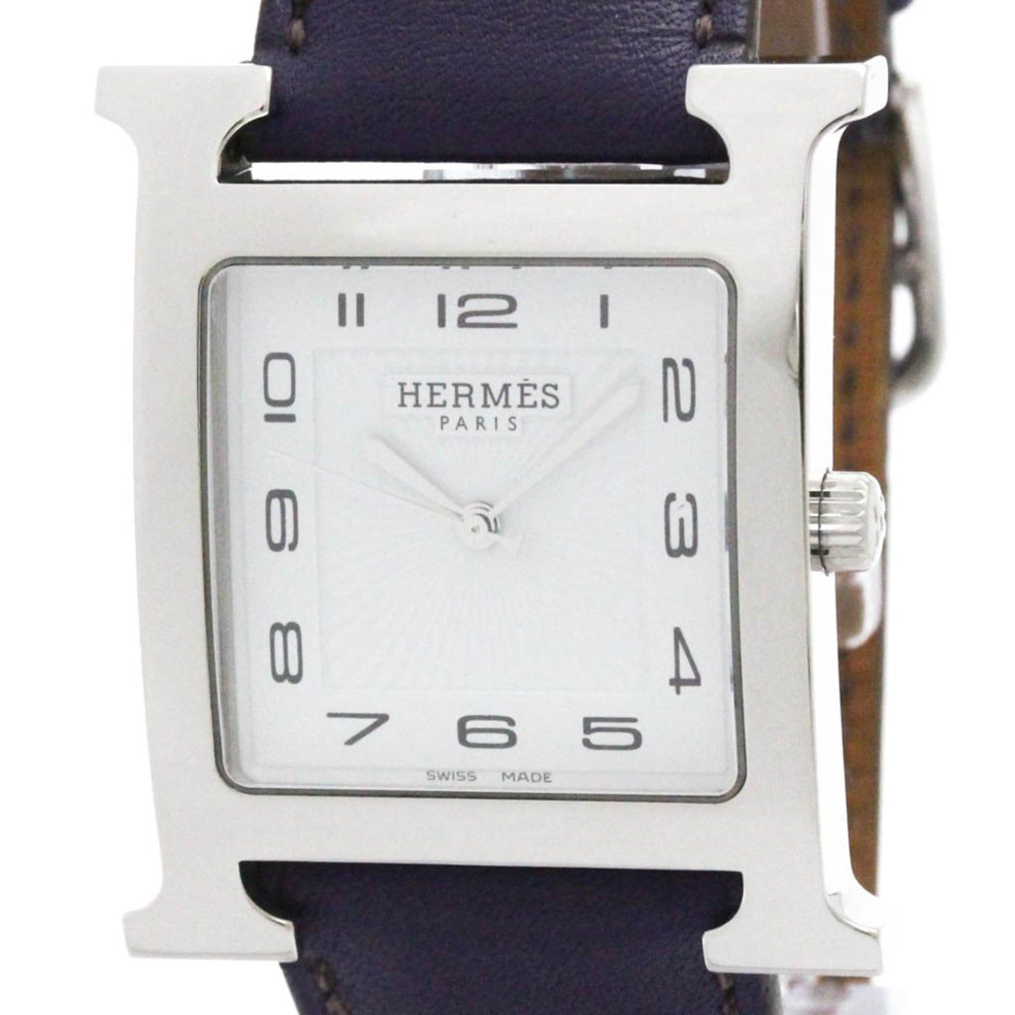 HERMES H Wach Steel Leather Quartz Mens Watch HH1.810 Polished