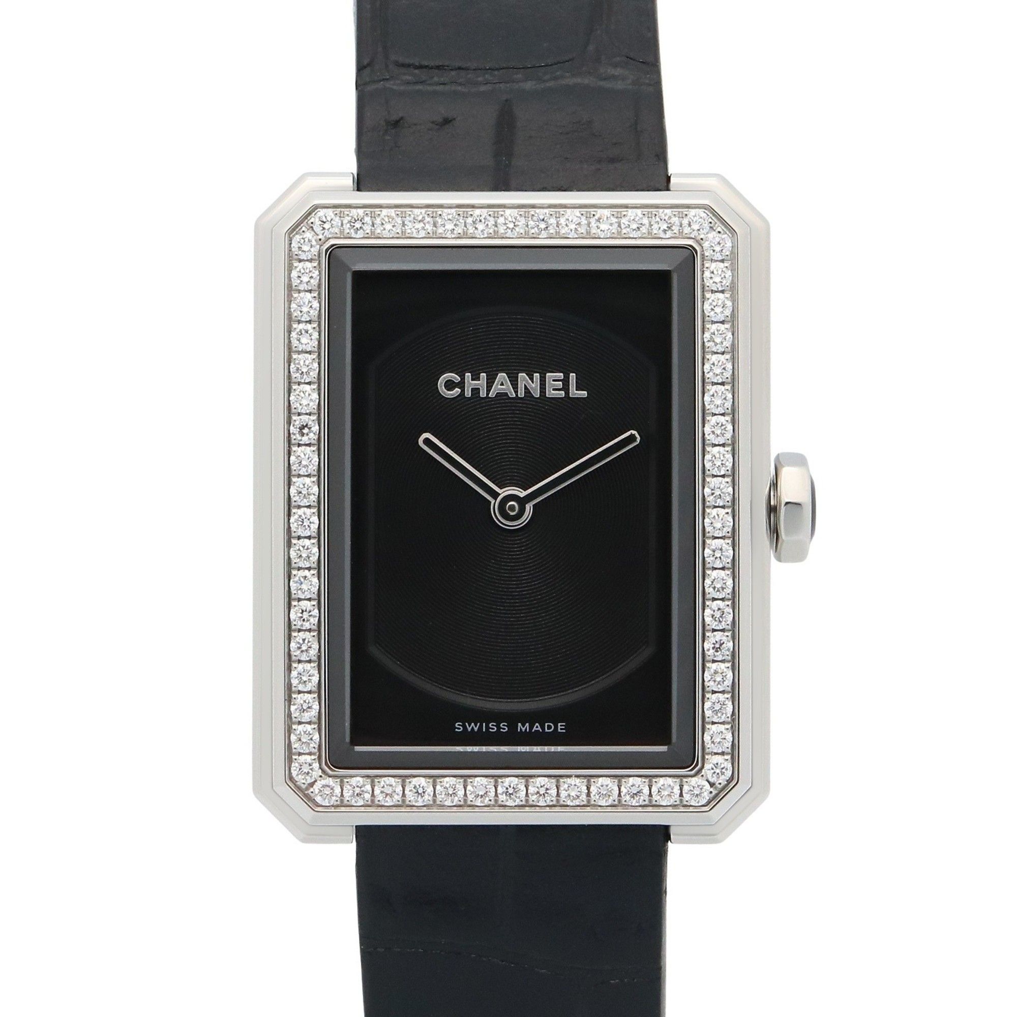 CHANEL Boyfriend Watch, Stainless Steel with Diamonds and Leather Strap, Black, Women's, H6586