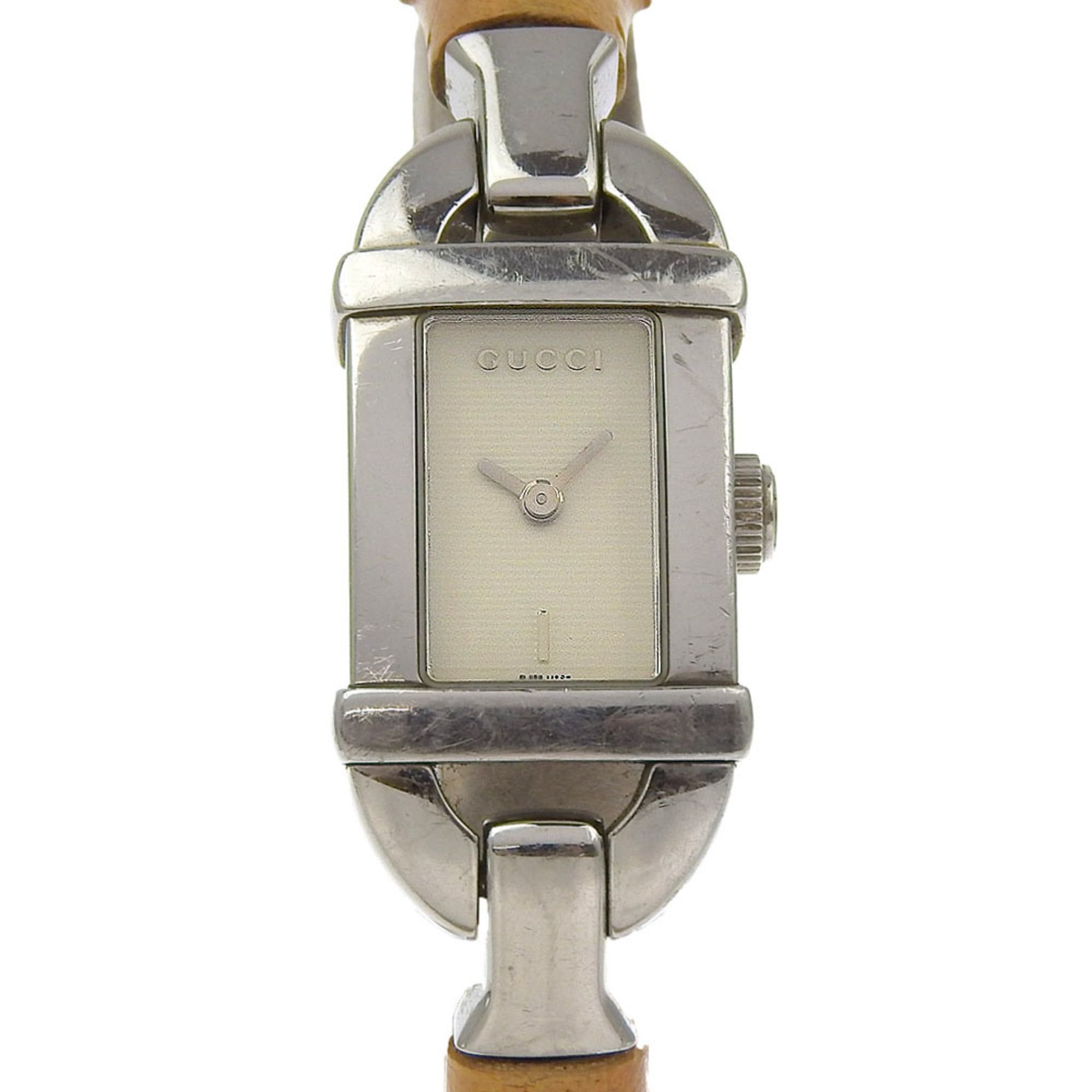 Gucci 6800L Stainless Steel and Bamboo Quartz Watch with Analog Display White Dial for Women