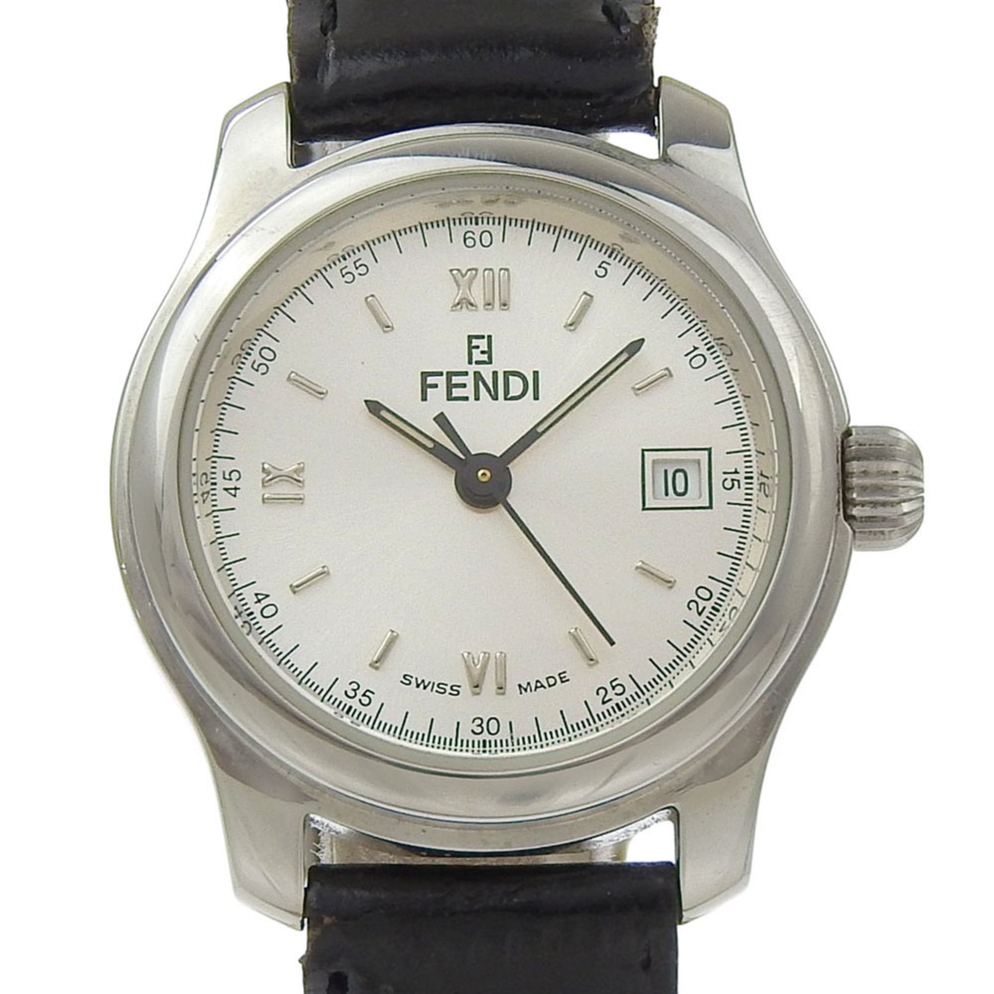 Fendi Olologi watch, 210L stainless steel x leather strap, quartz, analog, silver dial, women's.
