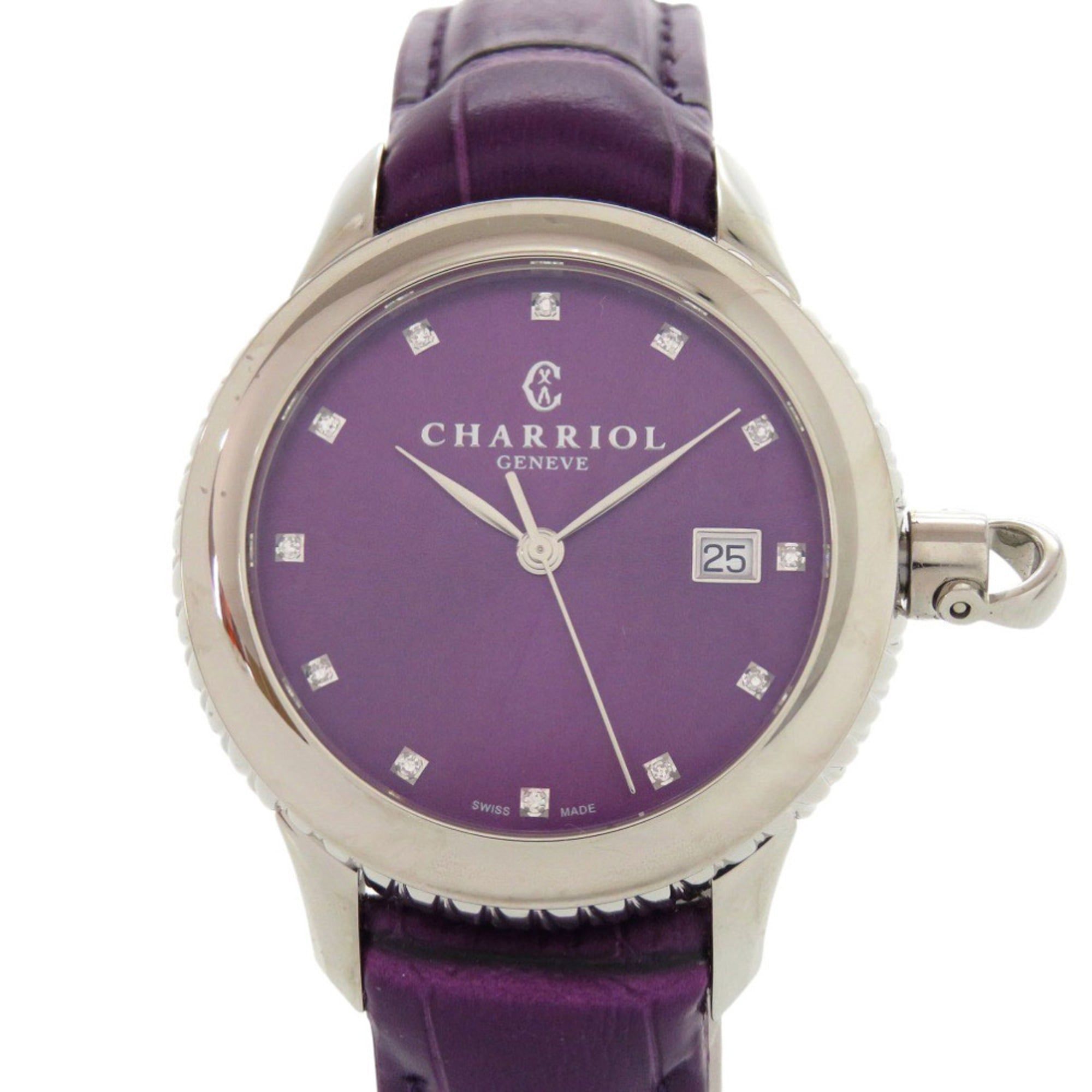 Unused Charriol Columbus 12-Piece Diamond Watch CO36QS.369.003, Stainless Steel Embossed Leather, Pu