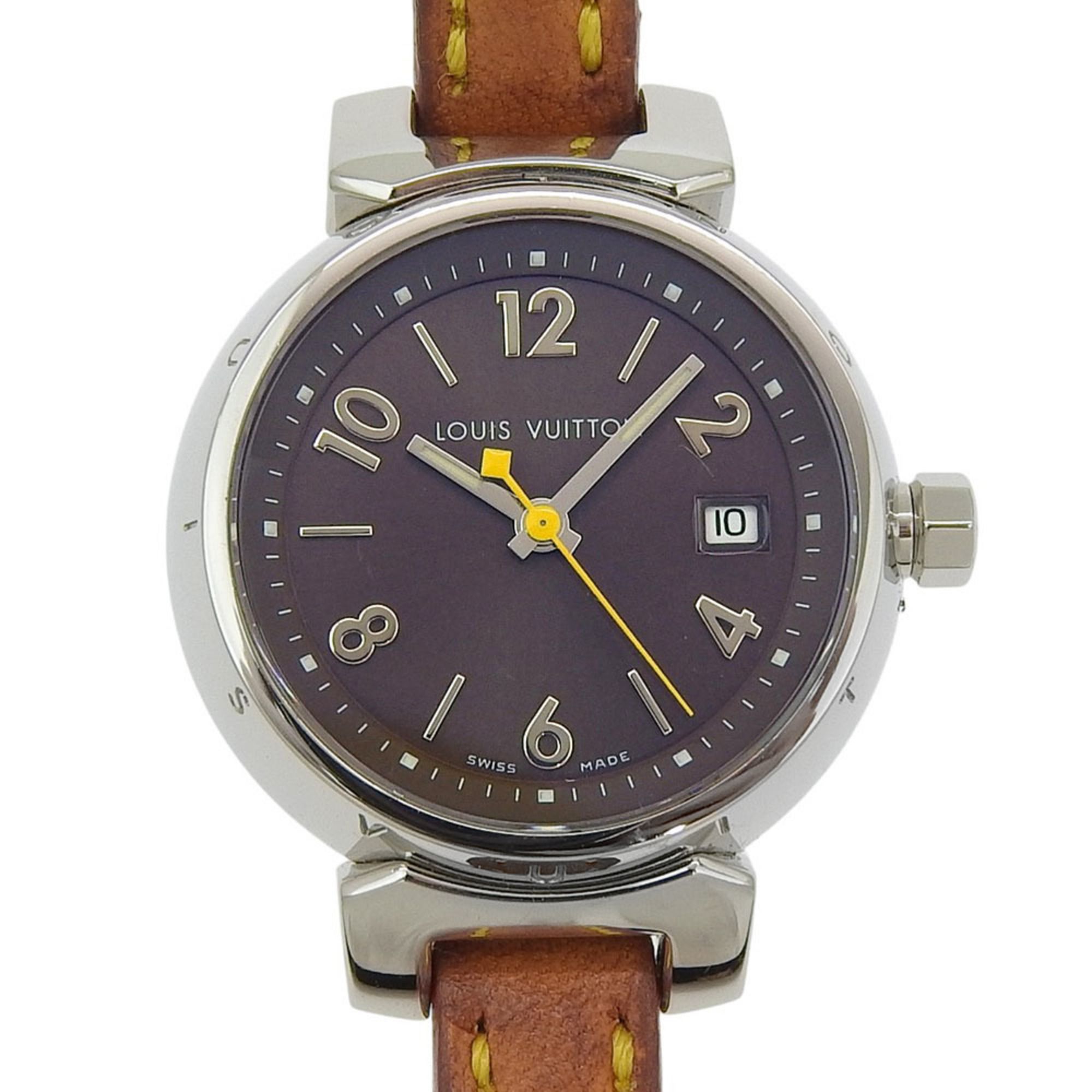 Louis Vuitton Tambour Watch Q1211, Stainless Steel and Leather Quartz Movement, Analog Display, Blac