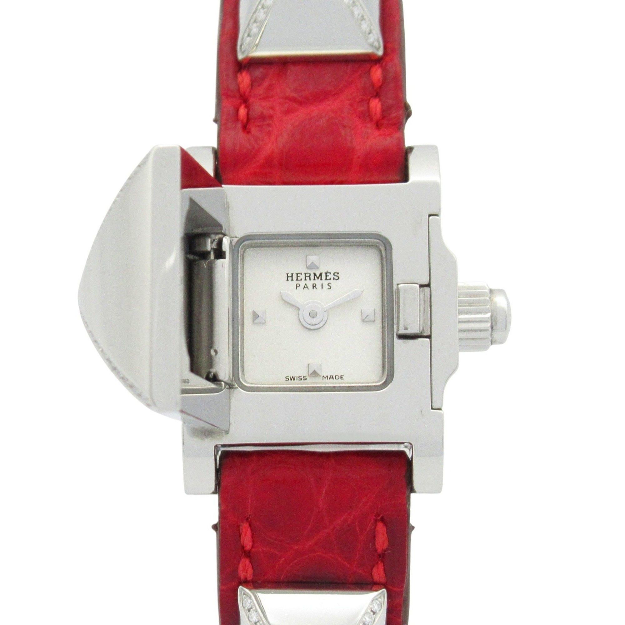 Hermès Mini Medor Watch, Stainless Steel with Diamonds and Leather Strap, Silver, Women's, ME2.131