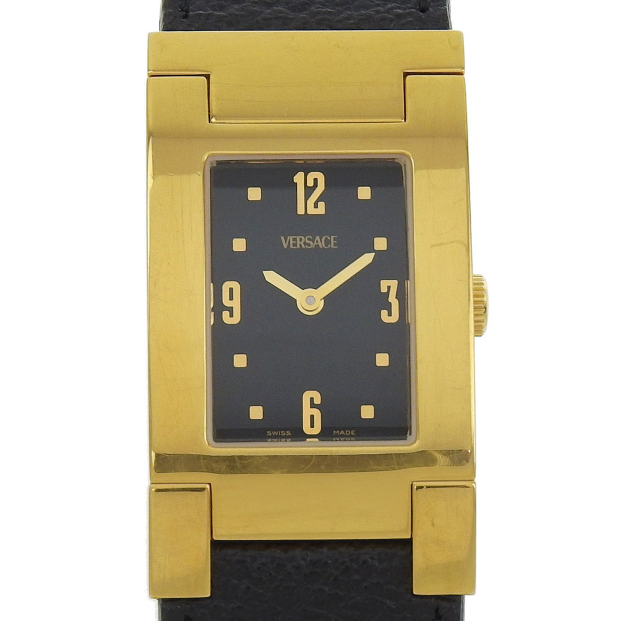 Versace VERSACE ALQ90 Rectangular Black Dial GP/Leather Quartz Watch Battery Women's