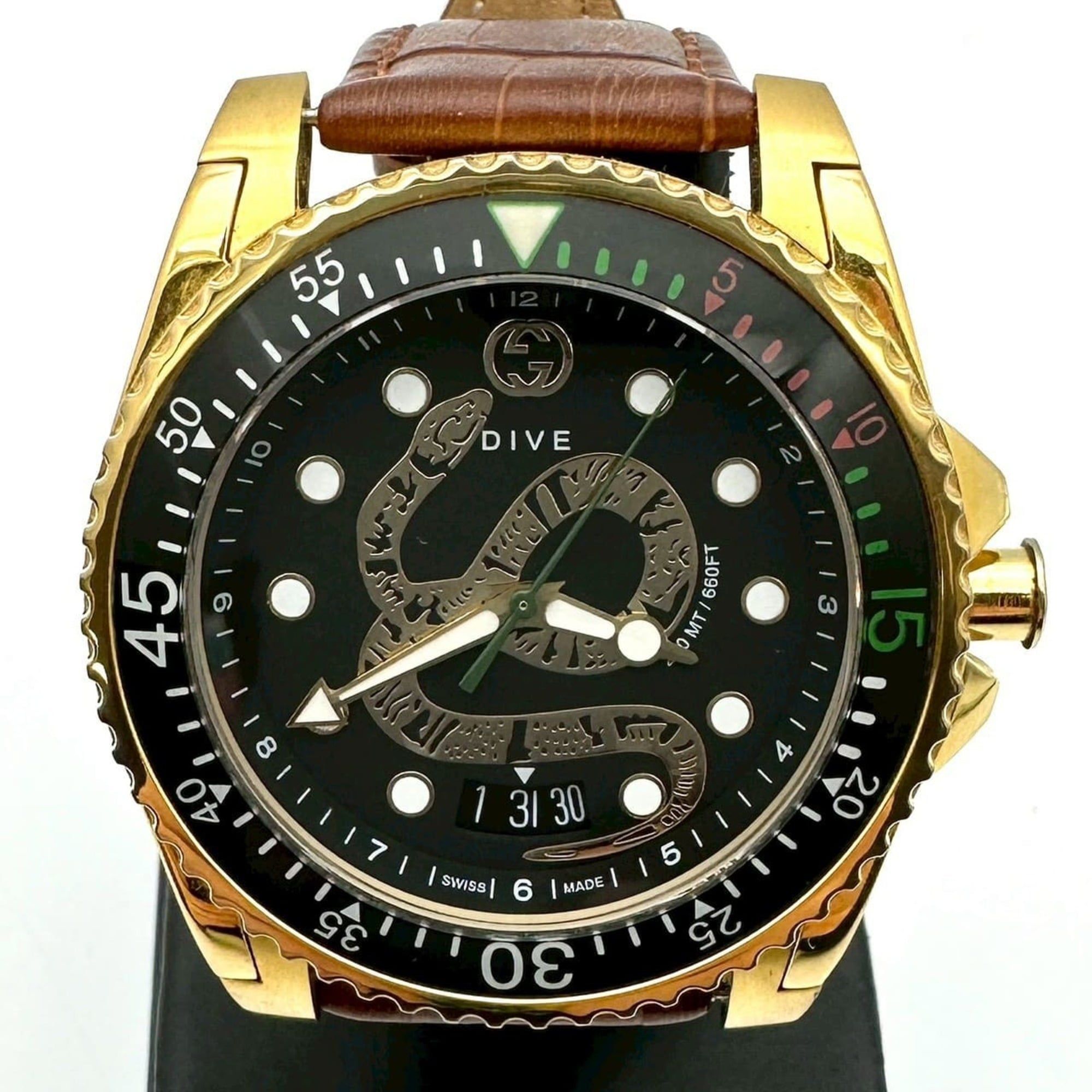 GUCCI Dive Watch YA136219/136.2 with Date, Snake Design, Quartz Movement, Stainless Steel, Black Gol