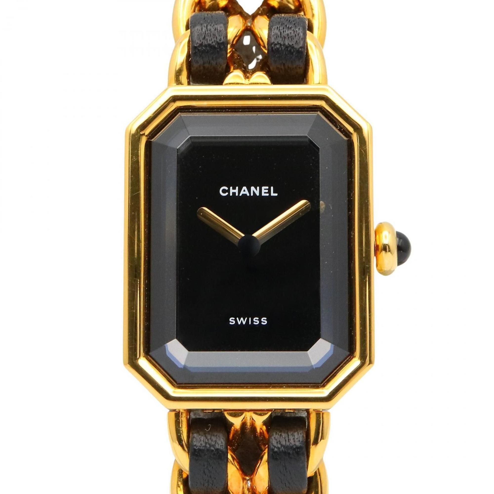 CHANEL Premiere M Watch, Gold-Plated, with Leather Strap, Black, Women's, H0001