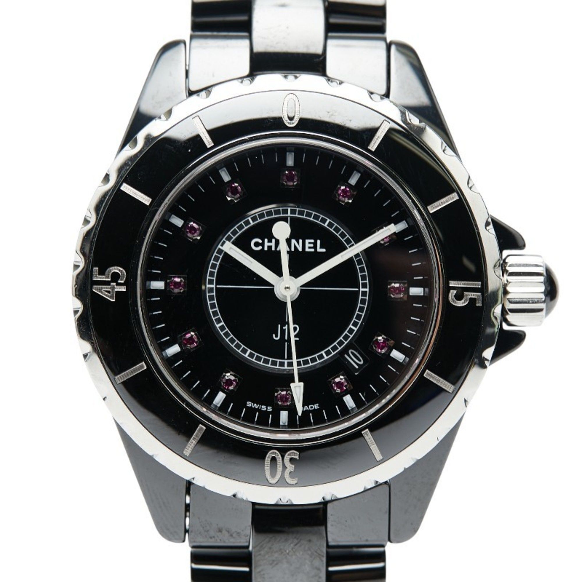 CHANEL J12 33MM 12-Piece Ruby Watch H1634 Quartz Movement, Black Dial, Stainless Steel, Ceramic, Wom