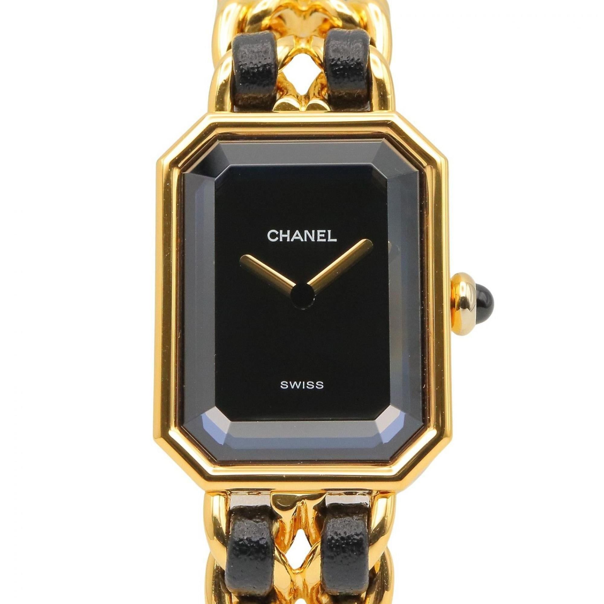 Chanel CHANEL Première M Wristwatch, Gold Plated (GP), Leather Strap, Women's, Black, H0001