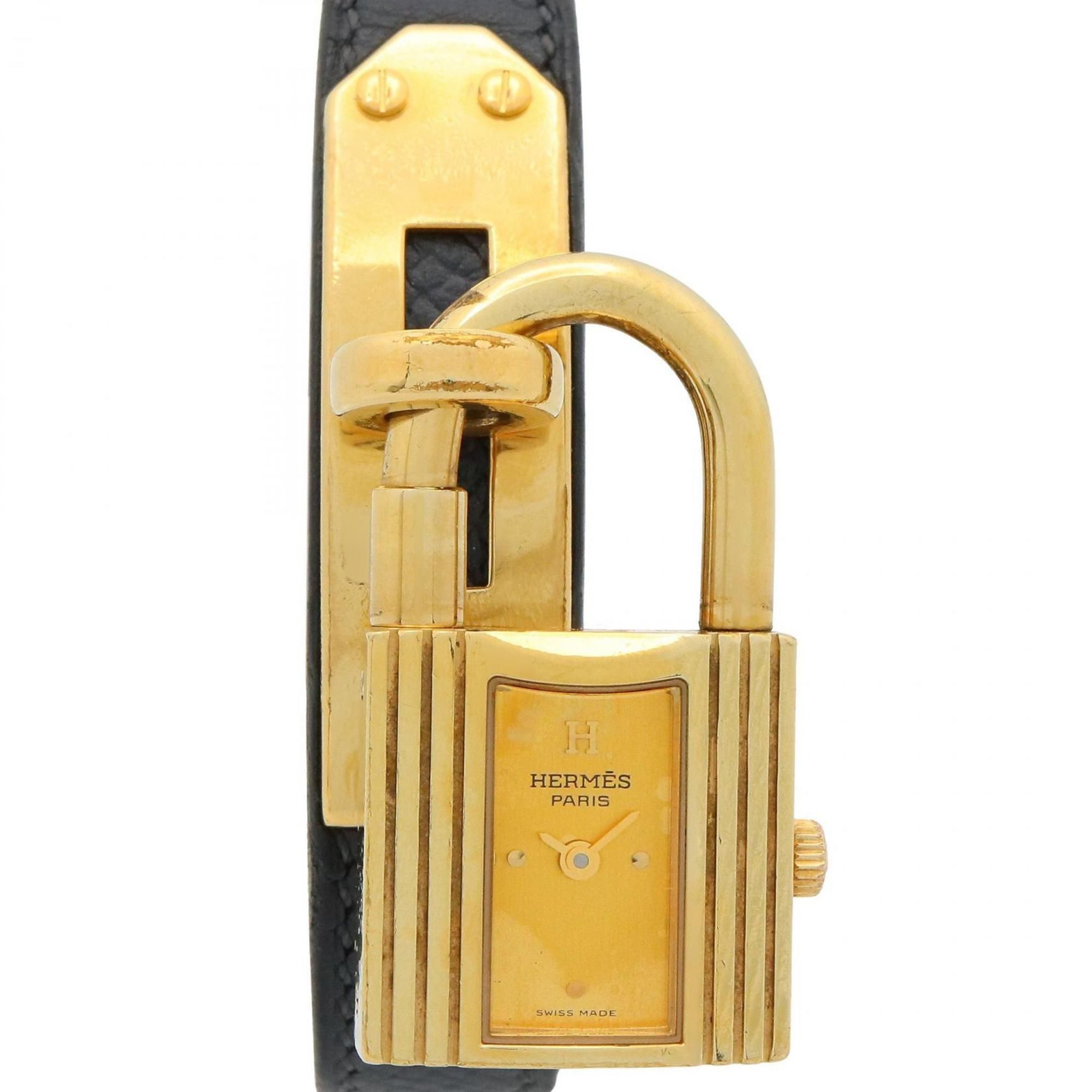 Hermes Hermès Kelly Watch, GP (Gold Plated), Leather Strap, Women's, Gold, KE1.201