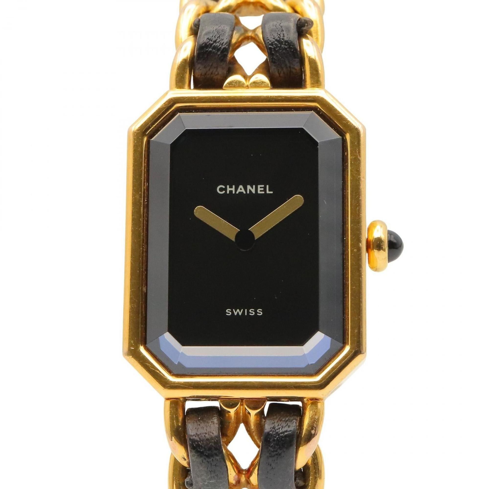 CHANEL Premiere M Watch, Gold-Plated, with Leather Strap, Black, Women's, H0001