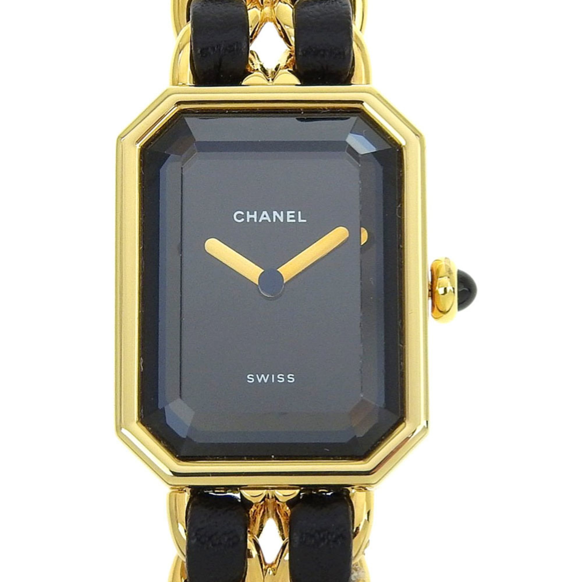 CHANEL Premiere S Watch H0001, Gold-Plated Leather Quartz Movement, Analog Display, Black Dial, Wome