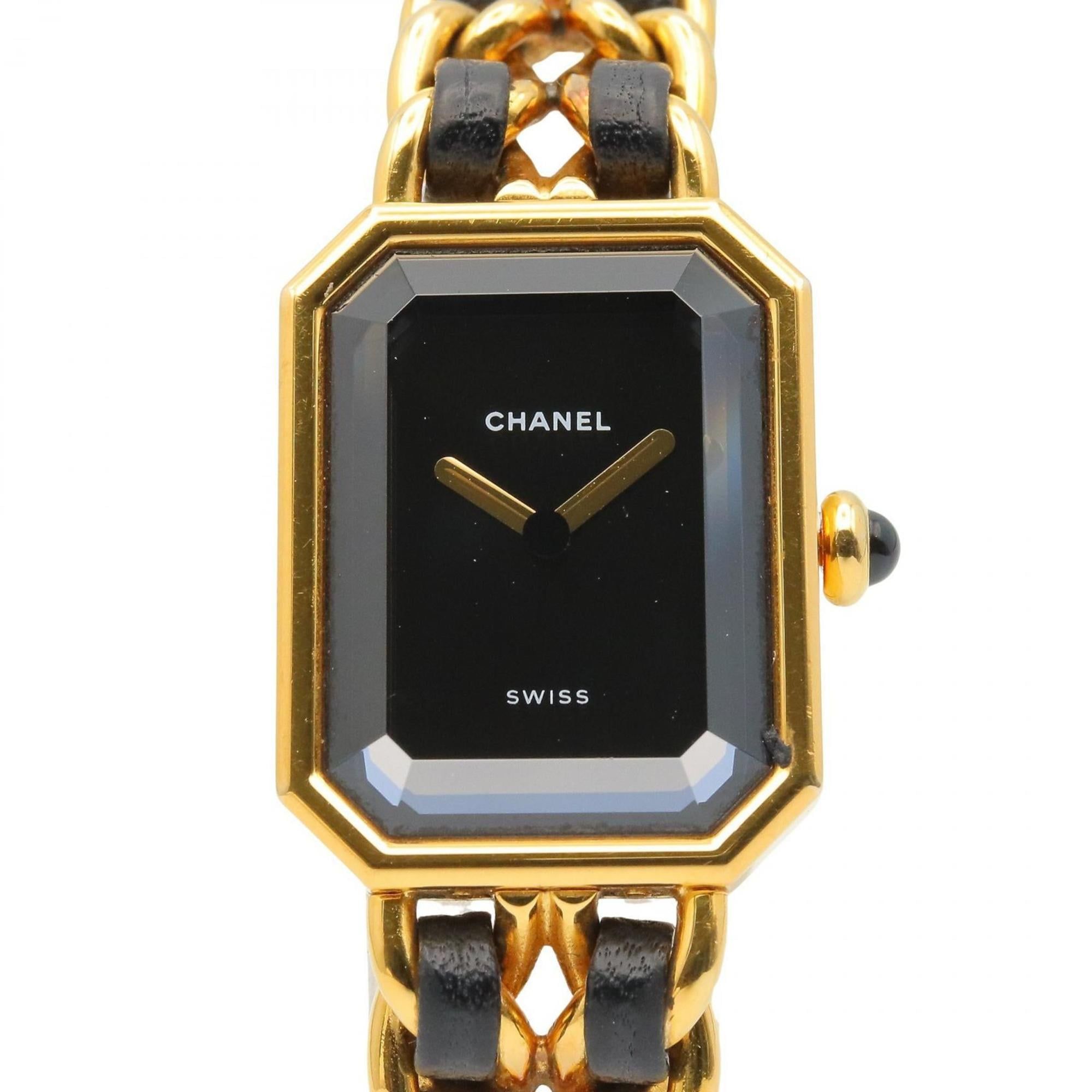 CHANEL Premiere M Watch, Gold-Plated, with Leather Strap, Black, Women's, H0001