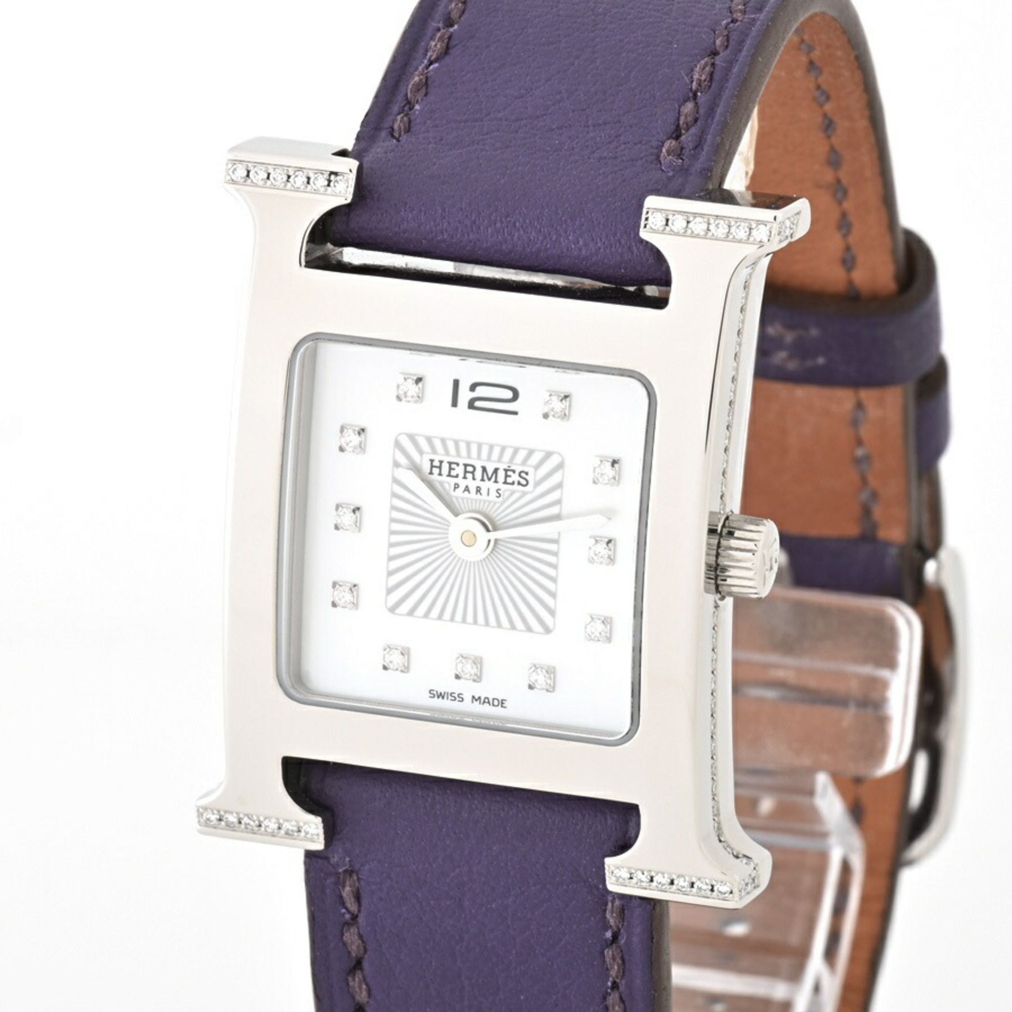 Hermes HERMES H Watch PM 25mm HH1.238 Shell White Quartz Wristwatch Lug and Case Side Diamonds E-156