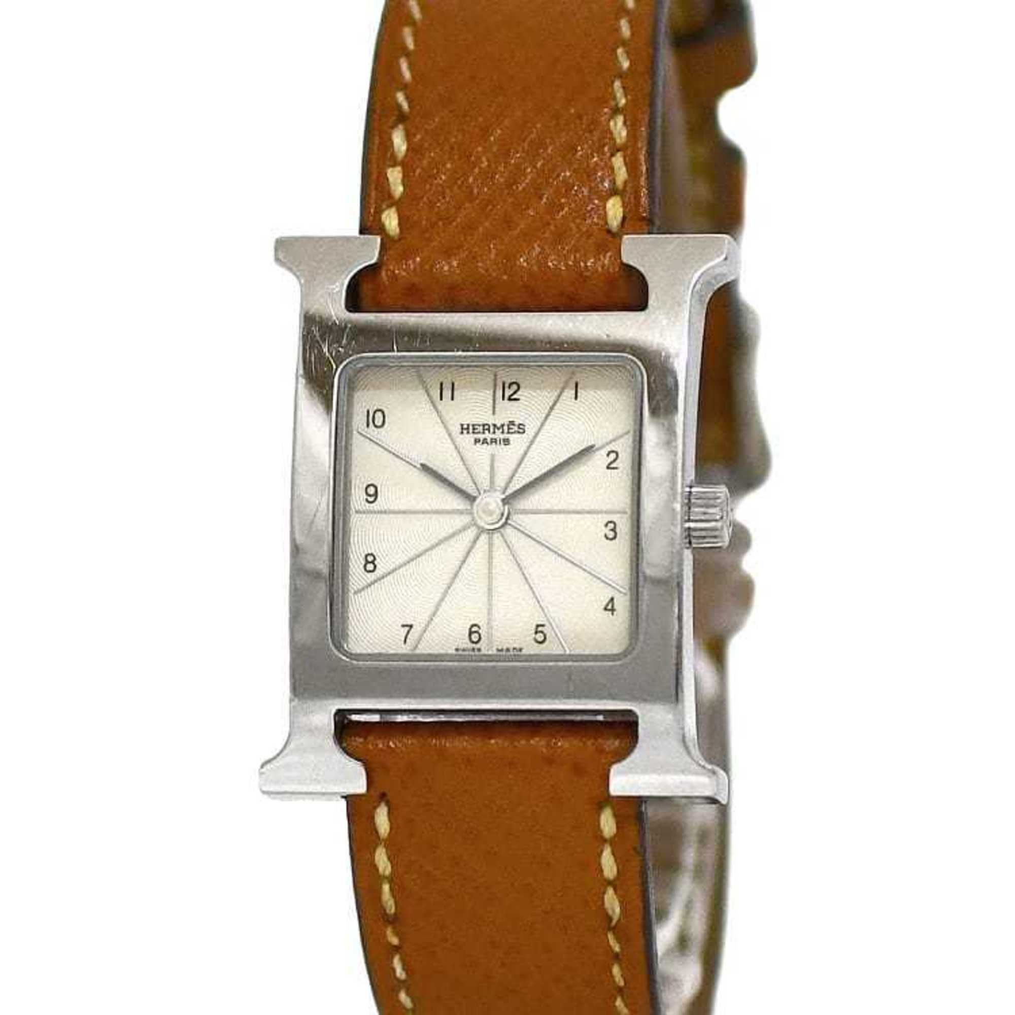 Hermes Watch H Beige Silver Brown HH1.210 Women's SS Leather Quartz J Stamp HERMES Battery Operated