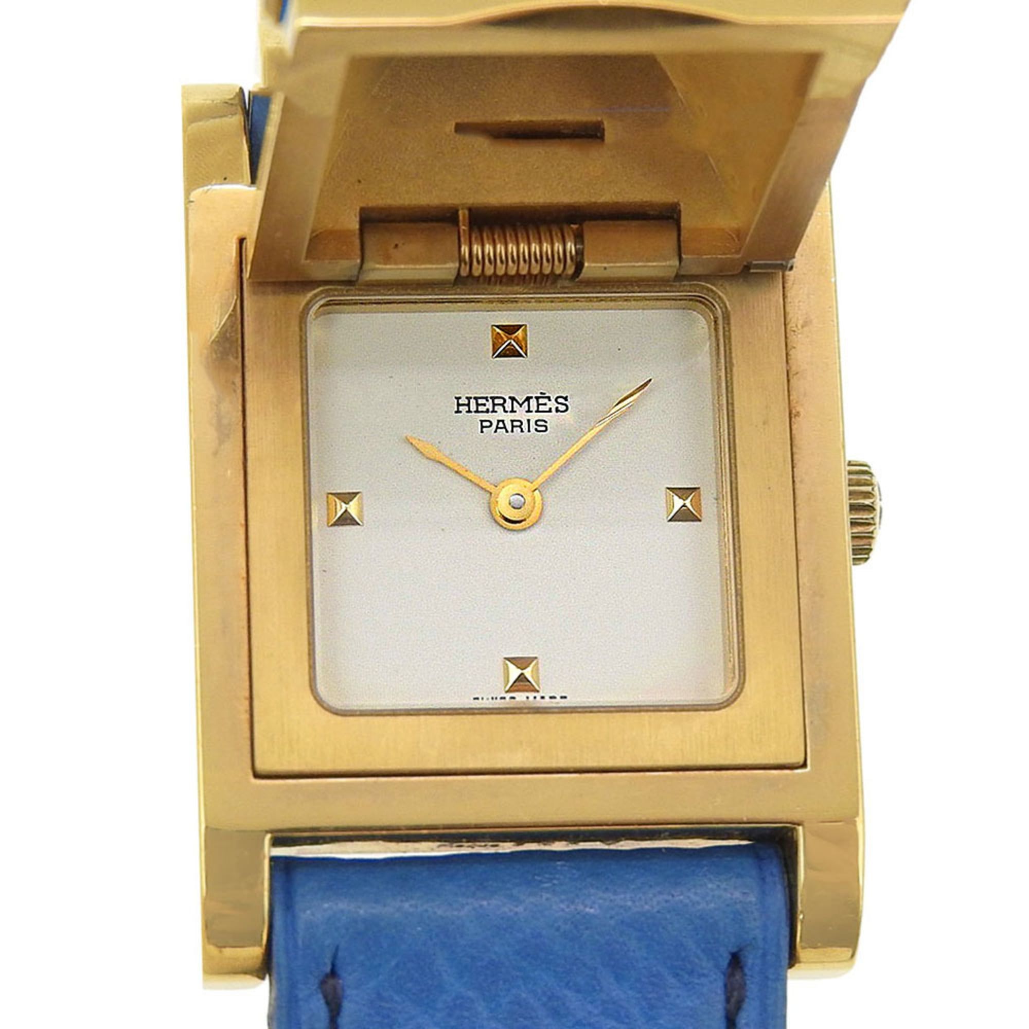 Hermès Medor Men's Watch, Gold-Plated Leather, Quartz Movement, Analog Display, White Dial