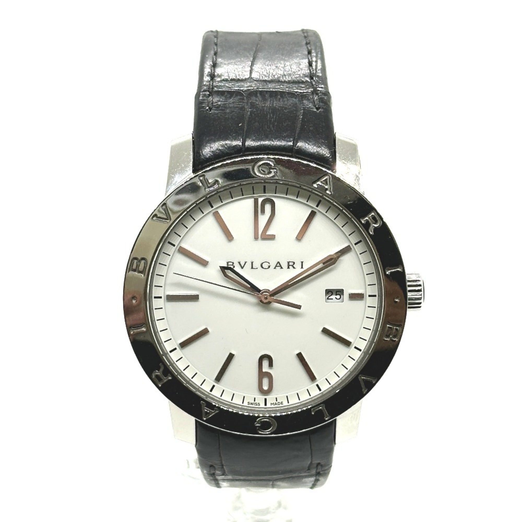 BVLGARI Bvlgari BB41WSLD Automatic Date Watch with Stainless Steel/Leather Strap, Men's, Silver