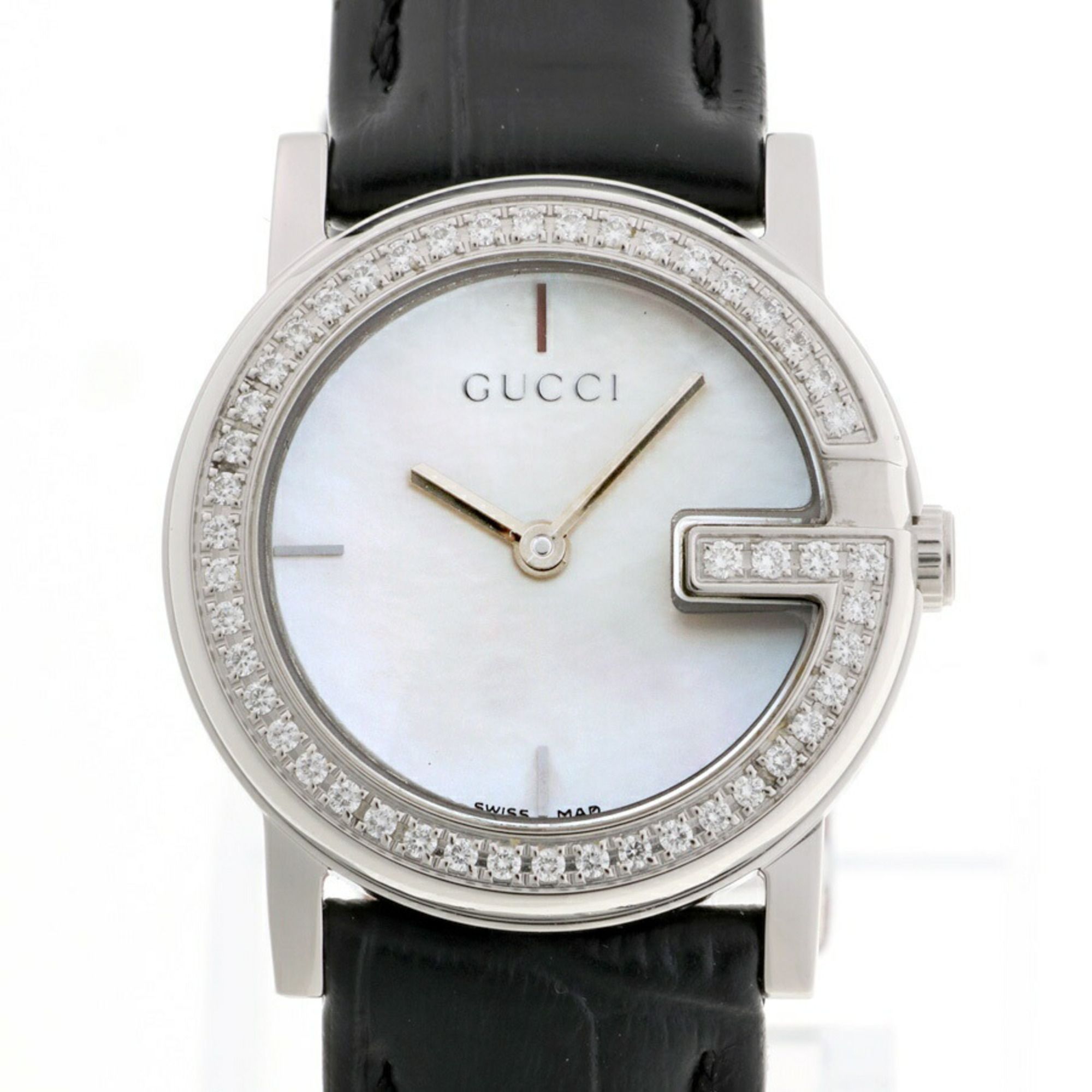 GUCCI G Round Diamond YA101509 101L Shell White Quartz Watch A-158491