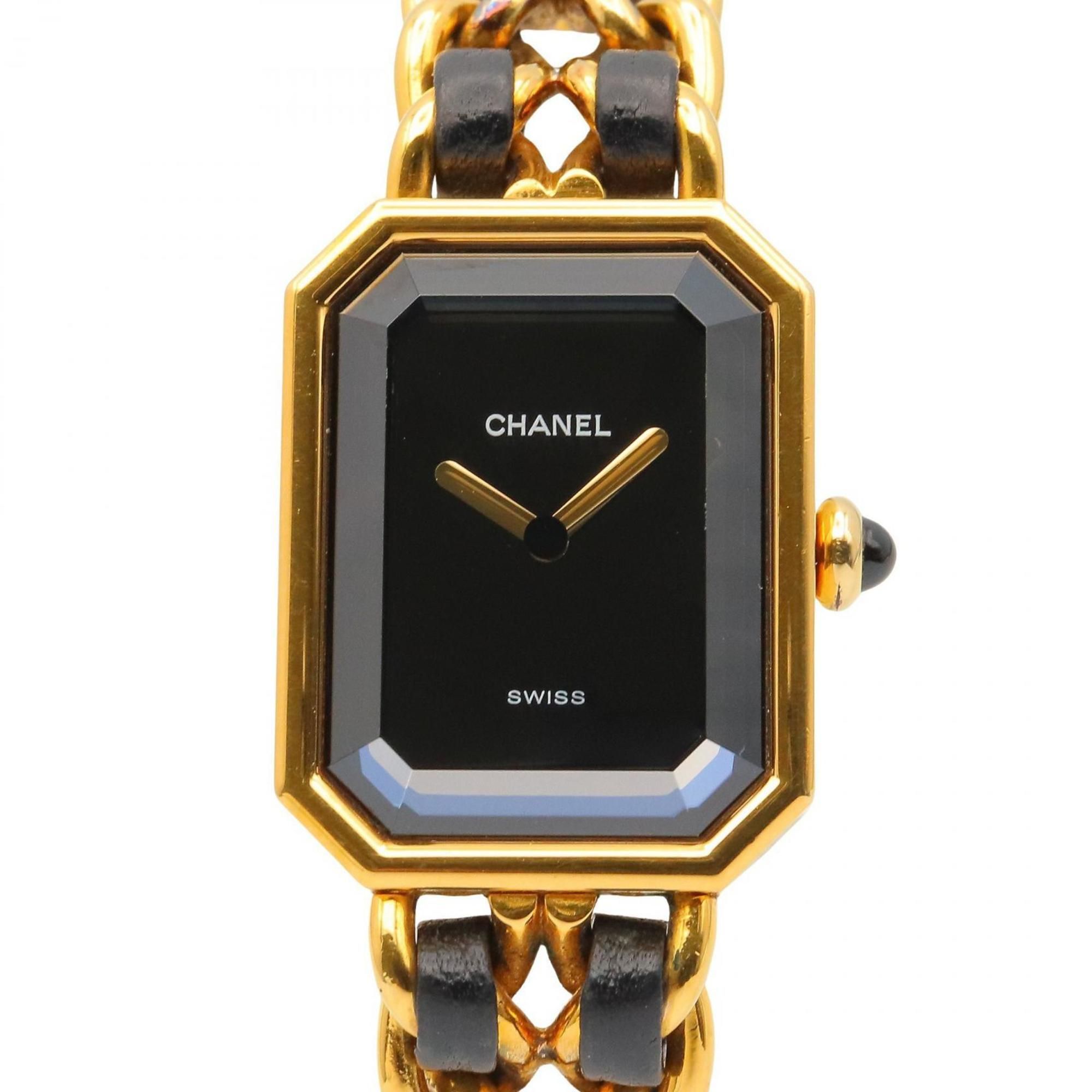 CHANEL Premiere S Watch, Gold-Plated, with Leather Strap, Black, Women's, H0001