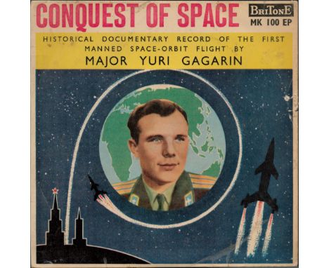 Conquest of Space 45rpm Vinyl record historical documentary record of the first manned space orbit flight by Major Yuri Gagar
