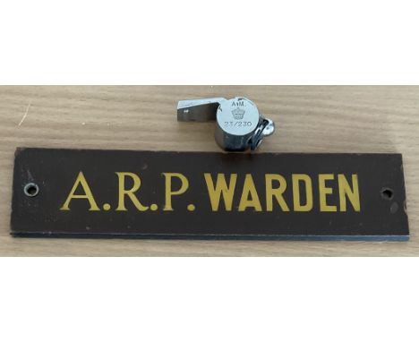 World War II Air Raid Warden collection includes issued A. M 23/230 and original A. R. P Warden office door sign. All autogra