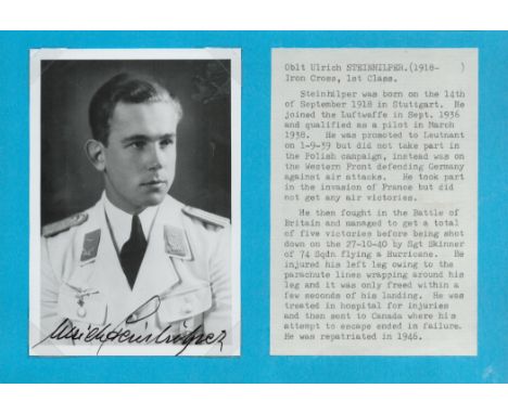 Oblt Ulrich Steinhilper (1918 2009) signed 6x4 black and white photo. Ulrich Steinhilper (14 September 1918 - 20 October 2009