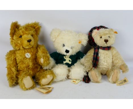Steiff, Danbury Mint- A collection of three Steiff teddy bears with gold button to ear and yellow label: #005213 a jointed Cl