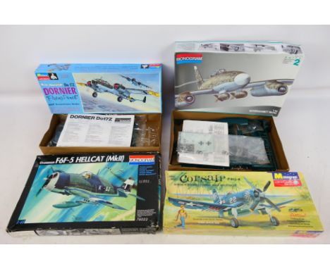 Monogram - Four vintage plastic model military aircraft kits. Lot consists of Monogram PA82 1:48 US Navy Corsair F4U-4 - pres