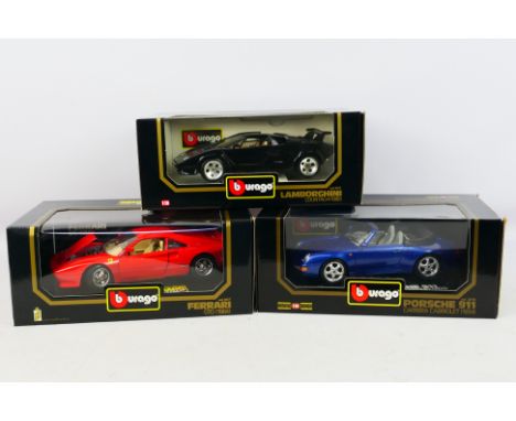 Bburago - Three boxed Bburago 1:18 scale diecast model cars. Lot consists of #3037 Lamborghini Countach; #3090 Porsche 911 Ca