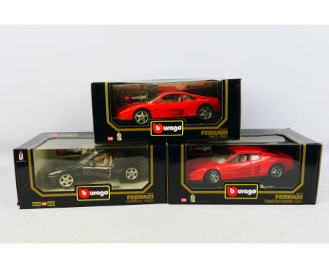 Bburago - Three boxed Bburago 1:18 scale Ferrari diecast model cars. Lot consists of #3036 Ferrai 456Gt; #3015 Ferrari Testar
