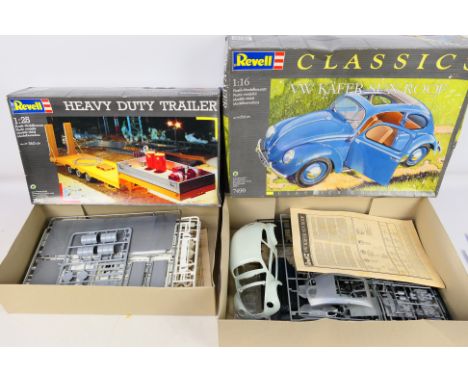 Revell - Two large scale vintage plastic model kits from Revell. Lot consists of Revell #7490 1:16 scale VW Kafer Sun Roof; t