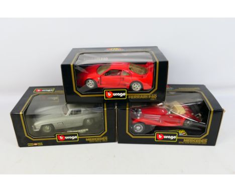 Bburago - Three boxed Burago 1:18 scale diecast model cars. Lot consists of #3032 Ferrari F40; #3020 Mercedes Benz 500K Roads