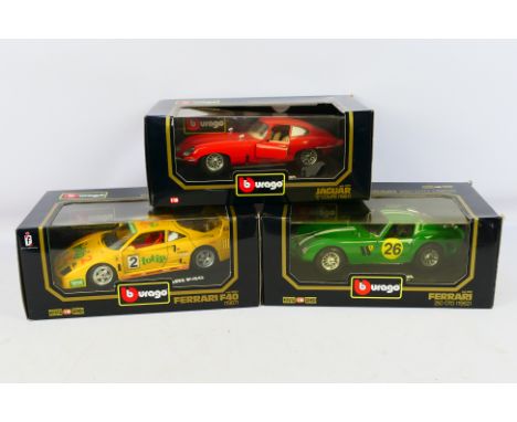 Bburago - Three boxed Bburago 1:18 scale diecast model cars. Lot consists of #3032 Ferrari F40; #3011 Ferrari 250 GTO; plus #