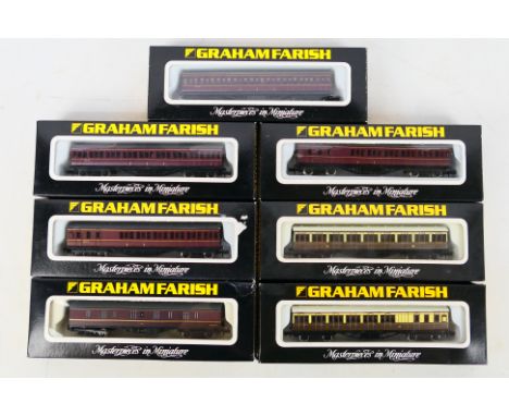 Graham Farish - Seven boxed N gauge passenger coaches by Graham Farish. Lot includes Graham Farish #0614 57ft Brake End Coach