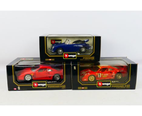Bburago - Three boxed Bburago 1:18 scale diecast model cars. Lot consists of #3042 Ferrai F40 Evoluzione; #3032 Ferrai F40; p