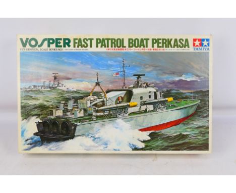 Tamiya - A vintage 1971 boxed Tamiya 1:72 PT7201 Vosper Fast Patrol Boat 'Perkasa'. The kit is presumed to be in Mint conditi