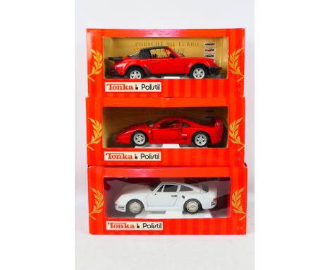 Tonka Polistil - Three boxed Tonk Polistil 1:18 scale diecast model cars. Lot consists of #02221 Porsche 959; #01700 Ferrari 