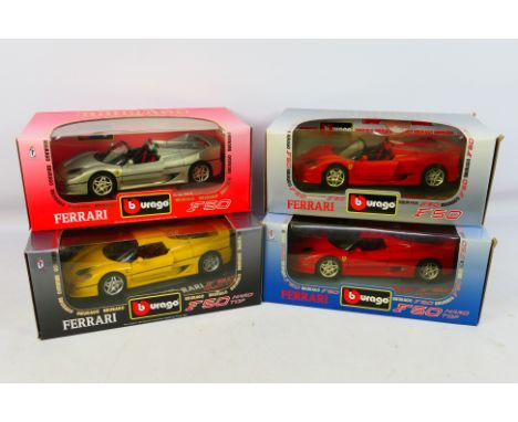 Bburago - Four boxed Bburago 1:18 scale Ferrari diecast model cars. Lot consists of #3372 Ferrari F50; ~3382 Ferrari F50 Hard