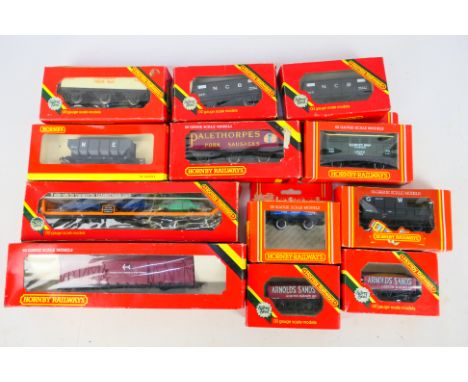 Hornby Railways - 12 boxed OO scale items to include R215 Harvey Bros cattle Van, R024 Crook and Greenway Open Wagon, R126 Ca