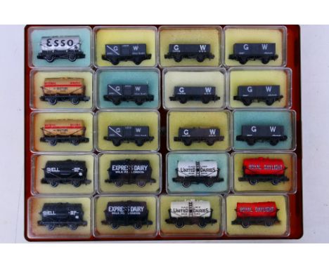 Peco - A rake of 20 boxed Peco N gauge wagons and tankers. Lot includes Peco NR-P163 Petrol tank wagon 'Royal Daylight'; NR-4